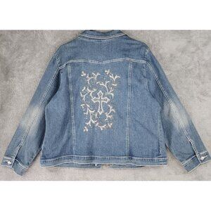 Womens Jean Jacket Large Blue Denim Cross Embellished Button Front Long Sleeve